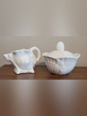 Olfaire White Ceramic Conch Shell Creamer & Sugar Set Coastal Nautical Portugal